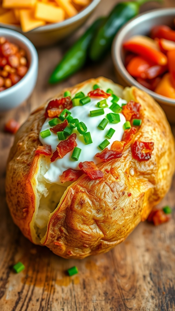 A baked potato topped with sour cream, chives, and bacon on a wooden table.